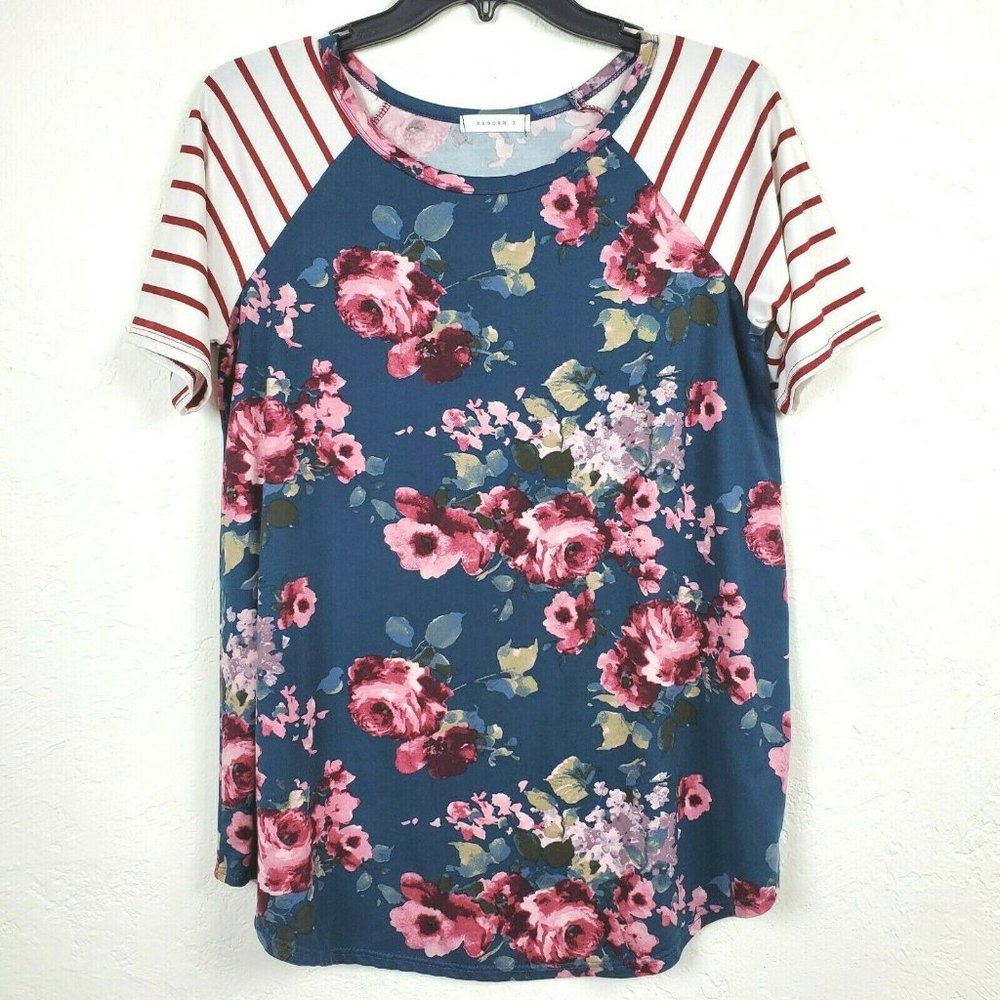 Reborn J Top S Teal Pink Red Floral Stripe Raglan Short Sleeve Tee